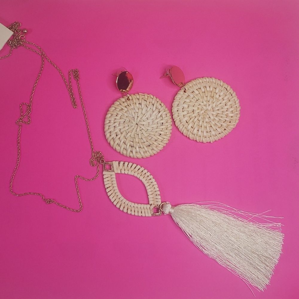 Boho Tassle Necklace and Grass Straw Earrings Bundle